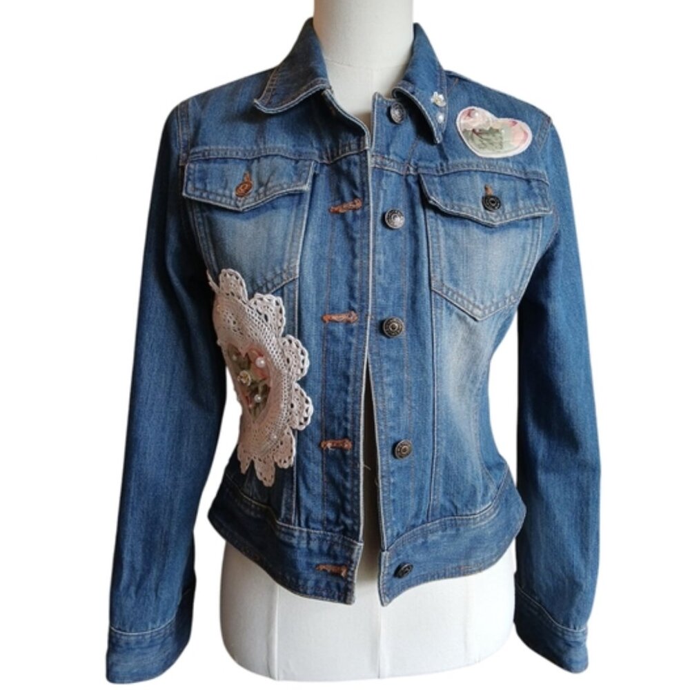 Upcycled, REworked Denim Jacket with Doilies and Floral Patches